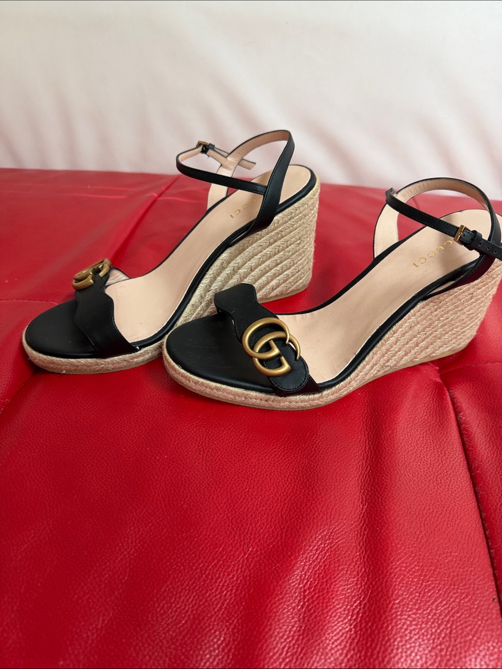 Gucci Black Leather GG Logo Wedge Espadrilles - Picture 2 of 4